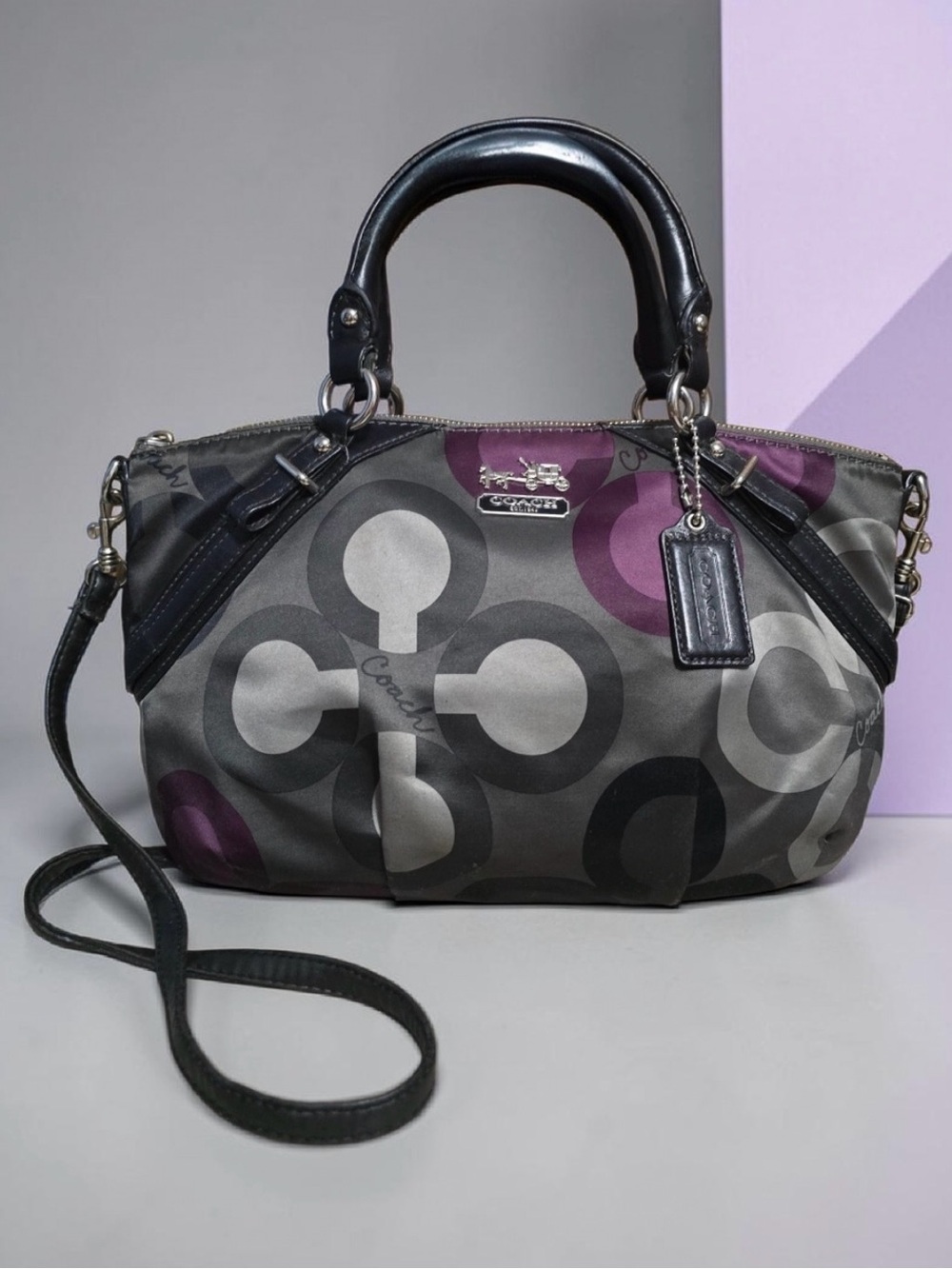 Coach Madison Sophia Sateen Op Art Clover Signature Gray & Purple Handbag